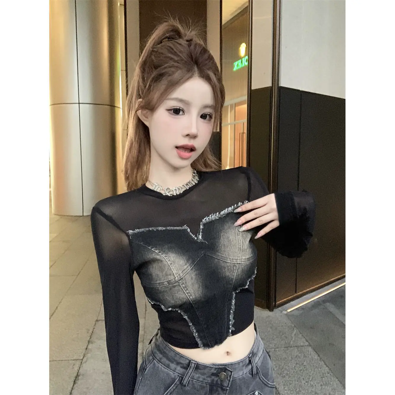 Áo Thun Dài Tay Cho Nữ, Áo Xuyên Thấu Gợi Cảm, Cô Gái Nóng Bỏng Thuần Khiết, Khâu Denim Mỹ, Áo Lớp Nền Lưới, Thời Trang INS
