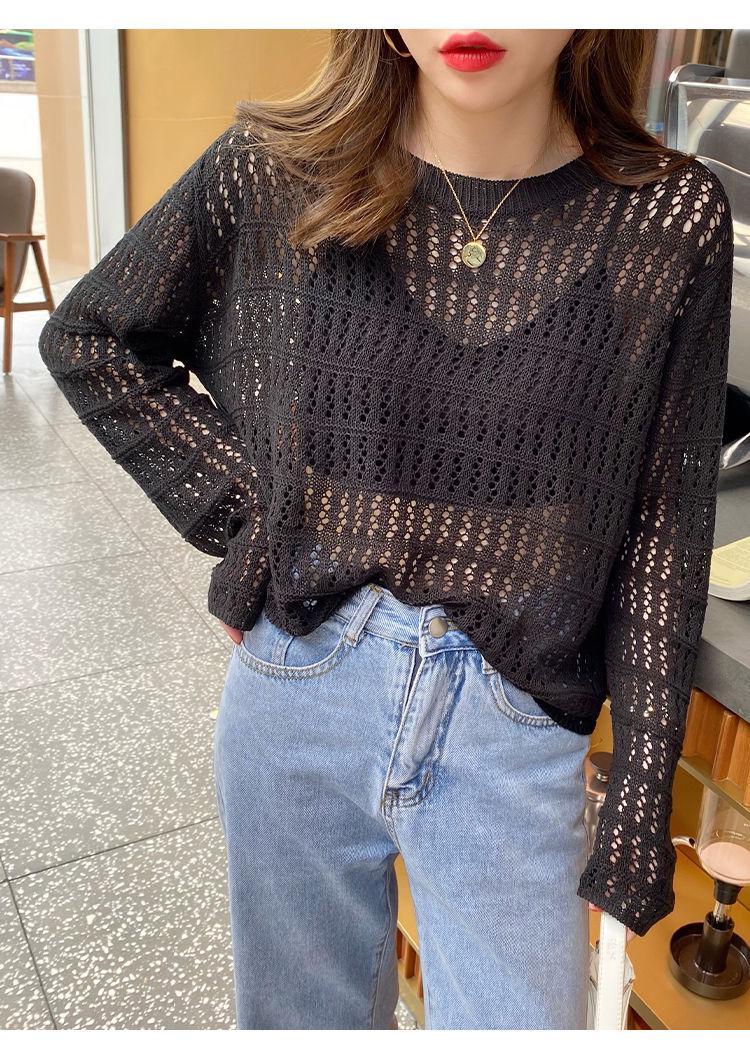 Product Introduction of 🔥Top fashion hollow out knits trendy women new loose slimming outside wear thin ruffles long sleeve shirt trendy top for women Womenswear Knitwear 7