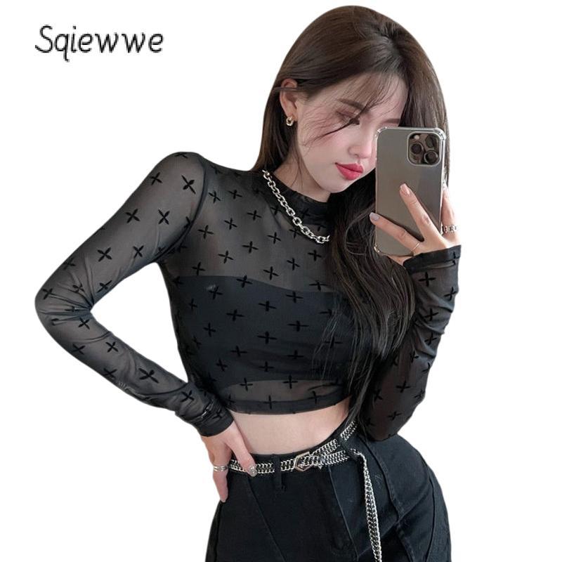 Product Introduction of SS24 Women Crop Cover-Up Tops Cross Print Sheer Long Sleeve Shirt Casual Pullovers for Club Streetwear Aesthetic Clothes 33