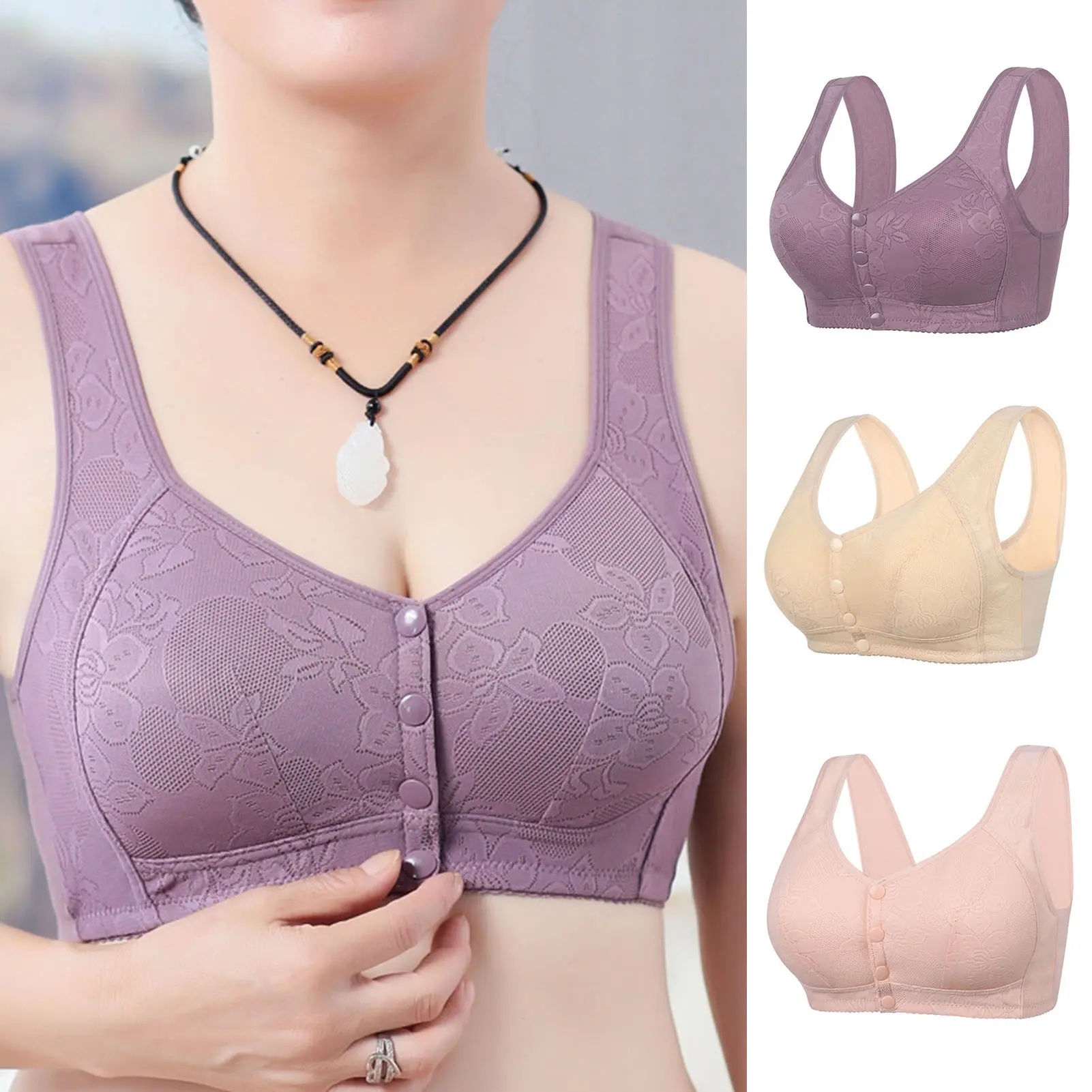 Đồ Lót Trung Niên Cho Người Già, Áo Vest Jacquard Cho Nữ, Áo Ngực Kiểu Dây Rộng, Không Dây, Cúp 3 / 4, Dễ Đóng, Khóa Trước