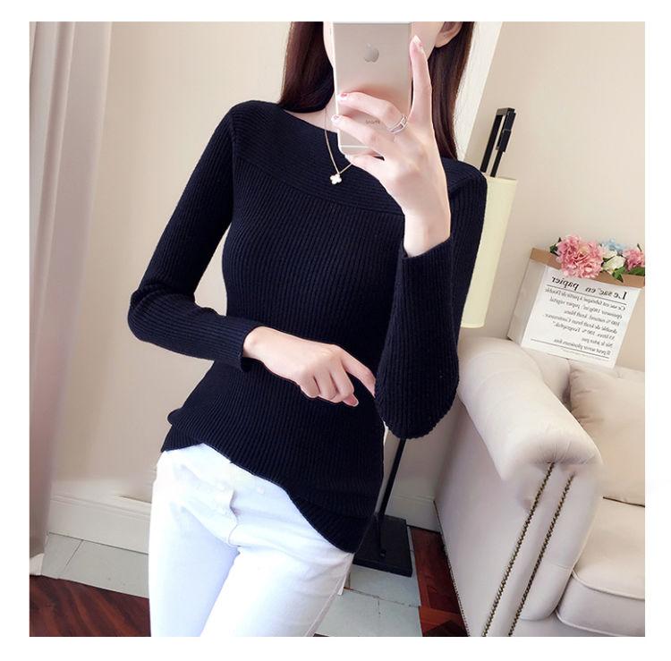 Product Introduction of Spring and Autumn Long Sleeve off Shoulder Top Knitted Bottoming Shirt Women's Underwear Slim Fit Slim Fashionable Sweater Fashionable Outerwear 10