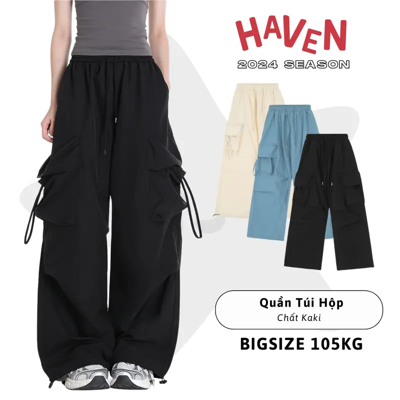 Quần Túi Hộp Ống Rộng Haven Studio chất kaki form rộng bigsize màu đen trắng Pants quan jogger big Sport Thể Dục 0