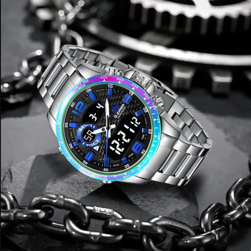 DISKON Jam tangan Pria 8306 Double Time Rantai Stainless Steel Water Resistant 3 ATM Kaca Watches 3