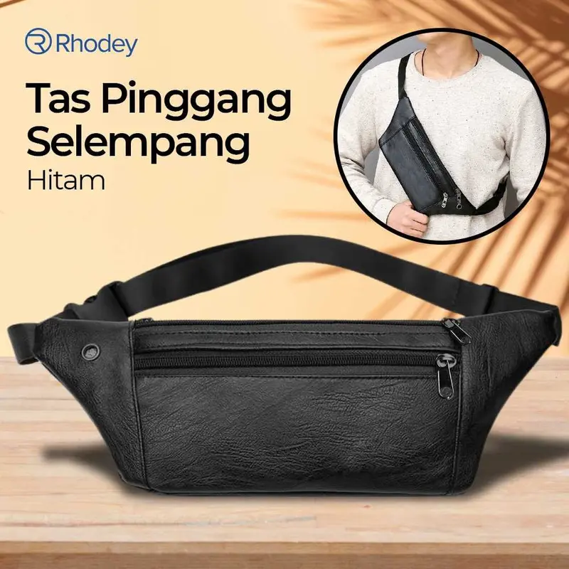 COD Tas Selempang Pinggang Waistbag Pria Warna Hitam Polos Model Casual Keren Bahan Kulit Waterproof Anti Air Rhodey 1