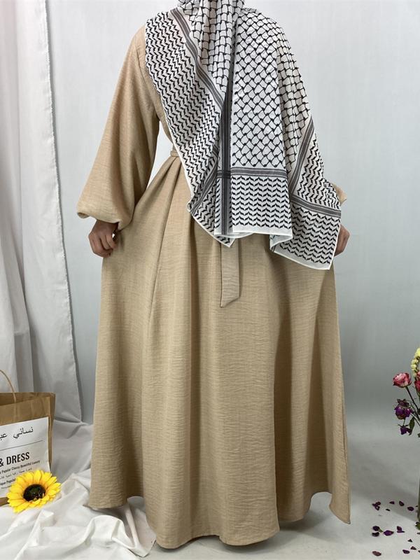Women's Solid Color Tie Waist Abaya Dress, Modest Long Sleeve Round Neck Dress for Daily Wear, Ladies Islamic Clothing for All Seasons 8