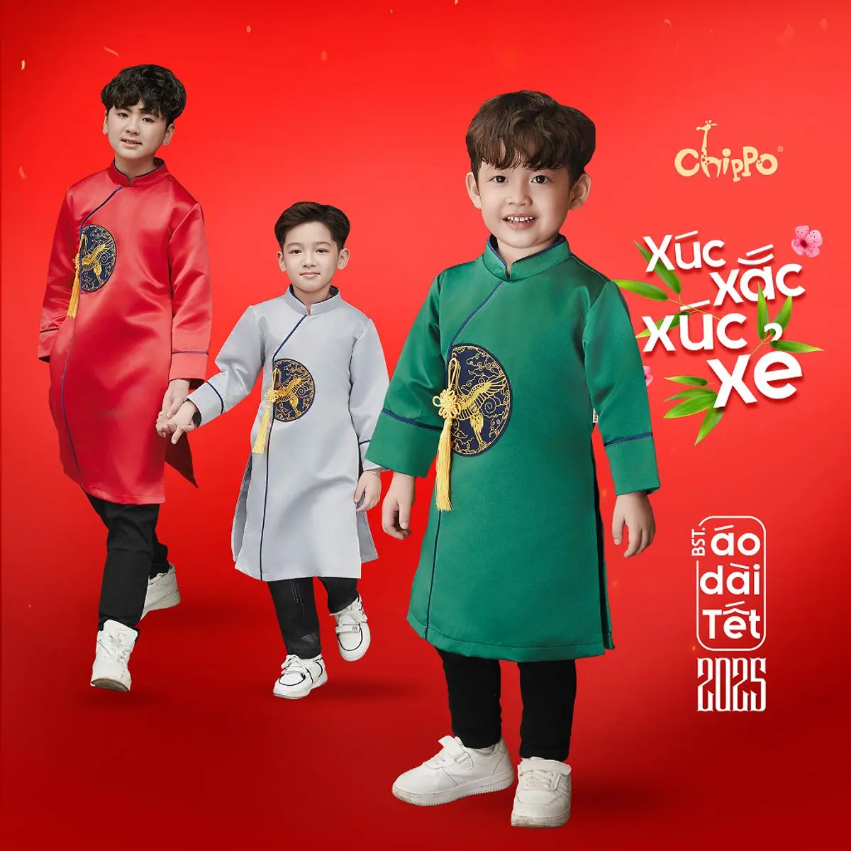 Áo dài tết dáng cách tân hình chim Hạc đón tết Chippo cho bé trai từ 3 đến 15 Tuổi(12-55Kg) AD hạc