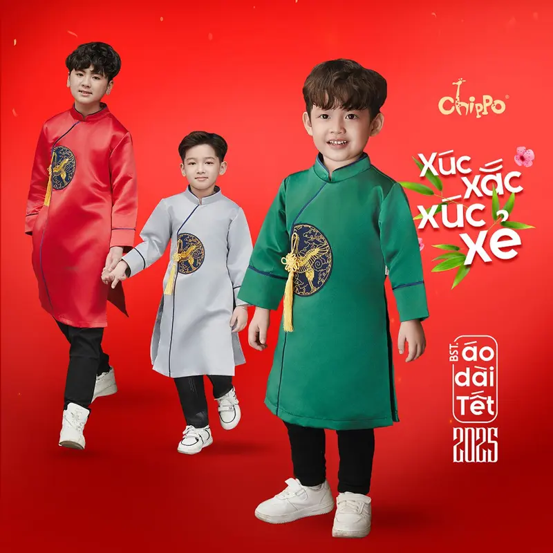 Áo dài tết dáng cách tân hình chim Hạc đón tết Chippo cho bé trai từ 3 đến 15 Tuổi(12-55Kg) AD hạc 0