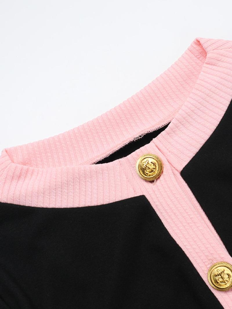 Product Introduction of Women's Colorblock Contrast Binding Button Front Romper, Casual Long Sleeve Round Neck Romper for Spring & Fall, Ladies Clothes for Daily Wear 7