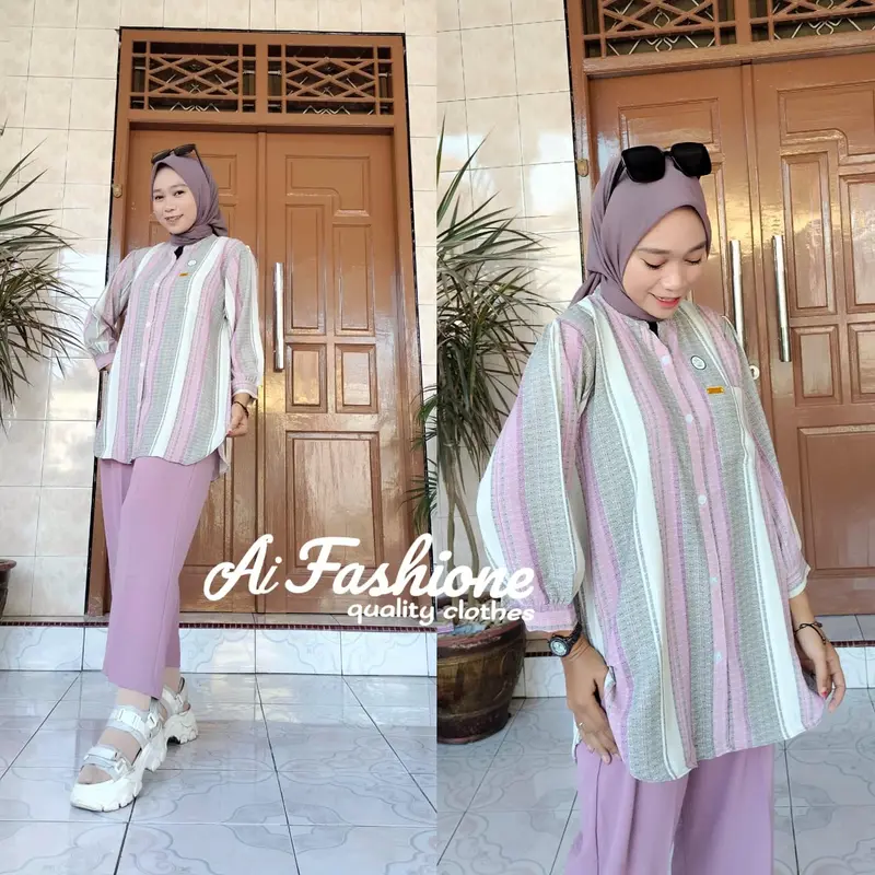 One set wanita terviral bahan airflow motif setelan hijaber kekinian ootd  2023 Cokelat Kombinasi 2