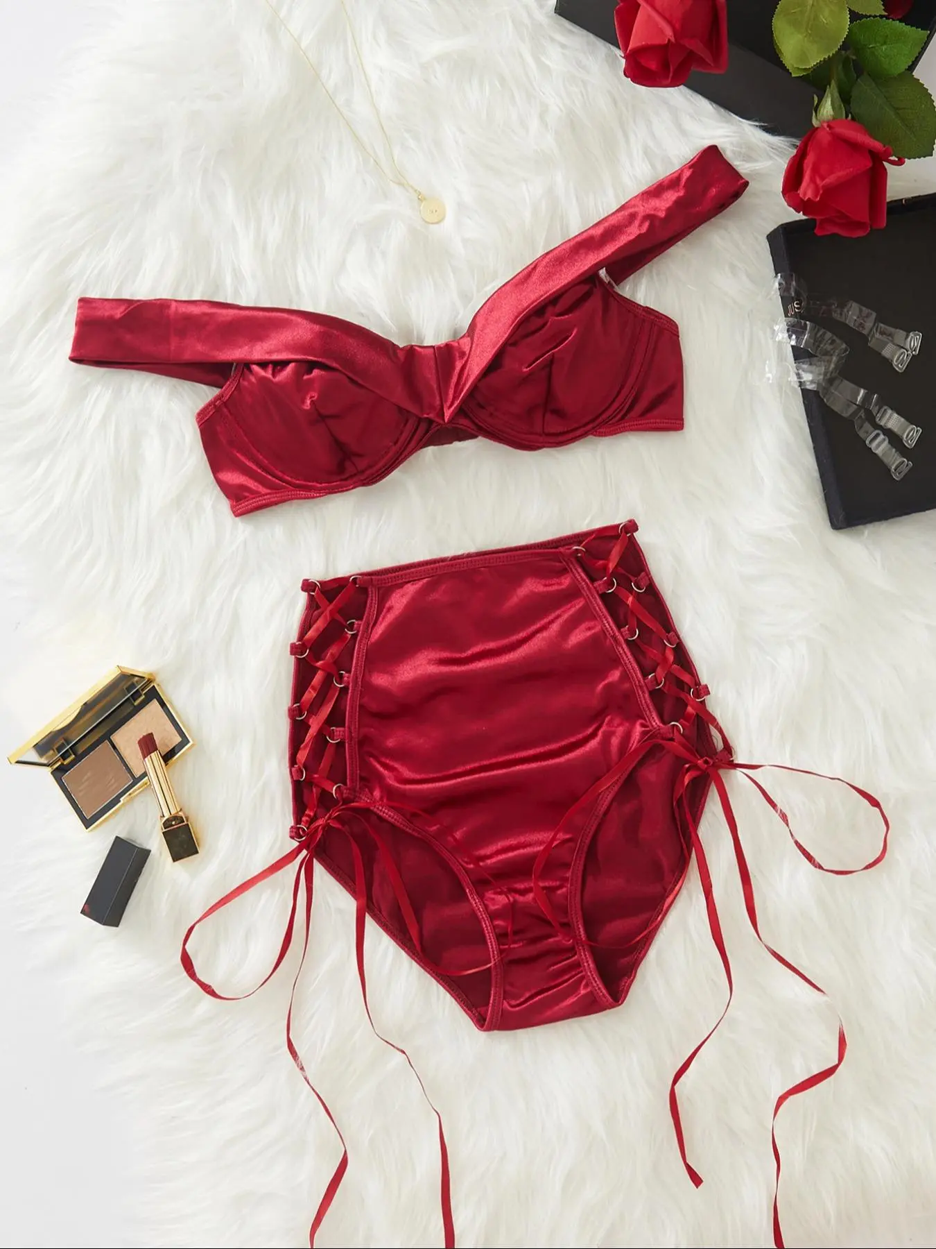 Women's Solid Lace Up Underwire Bralette & High Waist Panty & Invisible Bra Straps Set, Sexy Comfy Breathable Underwear Set for Daily Wear, Lingerie Set for Women