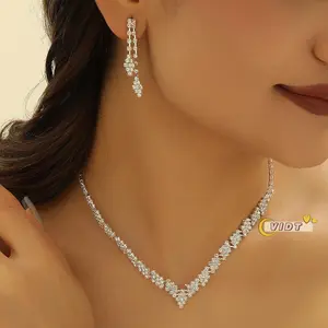 Set Kalung & Aksesoris Leher Pengantin Wanita Dua Pcs - Rantai Cakar Berlian Tiruan Kristal Kilau, Produk Ekspor Kualitas Eropa-Amerika