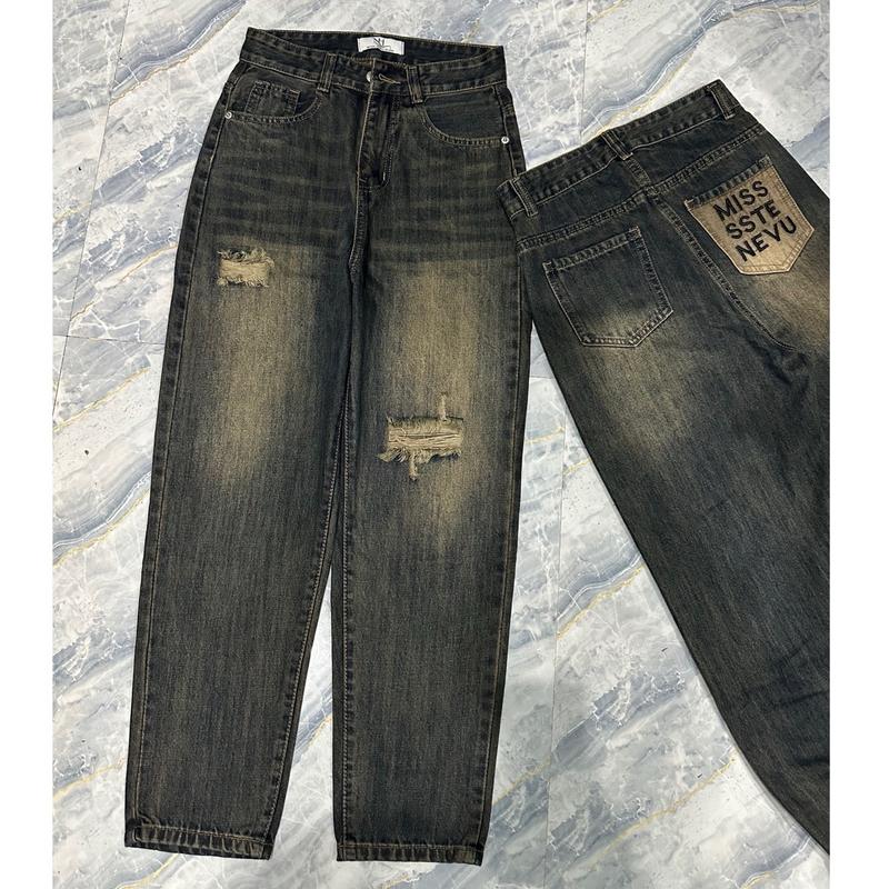 [Có bigsize] [05] Quần Jeans Baggy Thêu Chữ  Túi Sau Màu Bụi Rách Gối