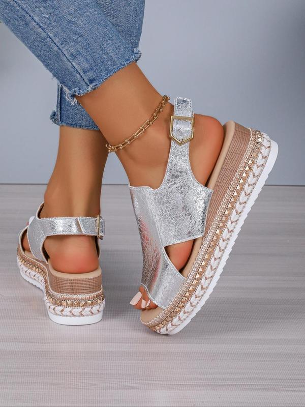 Women's Fashionable Solid Color Wedge Sandals, 1 Pair Casual Versatile Hollow out Design Buckle Decorated Sandals, Trendy Shoes for Summer 7