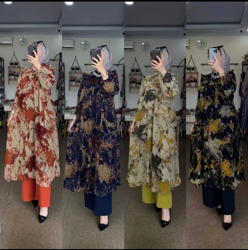 DREANA STORE - Aziza Set - One Set Tunik Ceruty Babydoll Wanita Motif Marmer Set Celana Kulot Crinkle Airflow Dress Karet Muslim Melar Panjang Setelan Navy Lembut Mewah Baju Nyaman Atasan 4