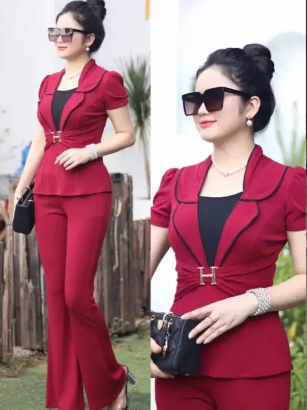 SÉT BỘ QUẦN ỐNG LOE GIẢ VEST ĐÍNH CHỮ H - THU XỐP  - HTL06 Nữ Women Áo Thun Top 4