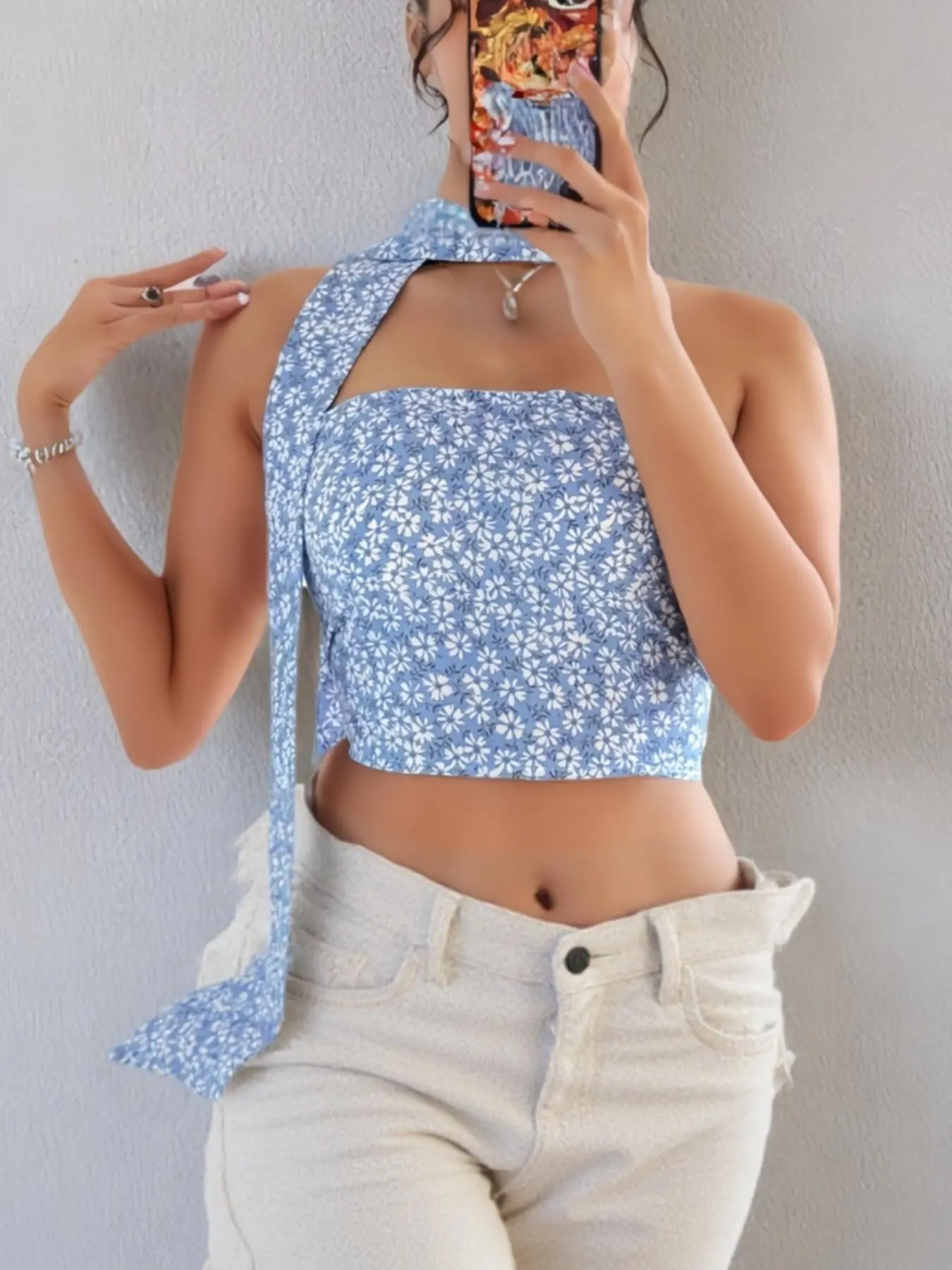 Women's Ditsy Floral Print Crop Tube Top ＆ Scarf, Fashion Casual Strapless Top for Daily Holiday Vacation Outdoor Wear, Ladies Clothes for All Seasons