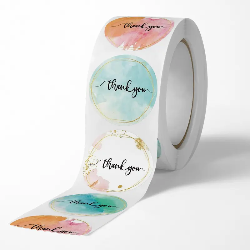 Watercolor Thank You Sticker, 500pcs/roll Round Self Adhesive Sticker, Decorative Sticker for Gift Greeting Card Envelope Water Bottle 3