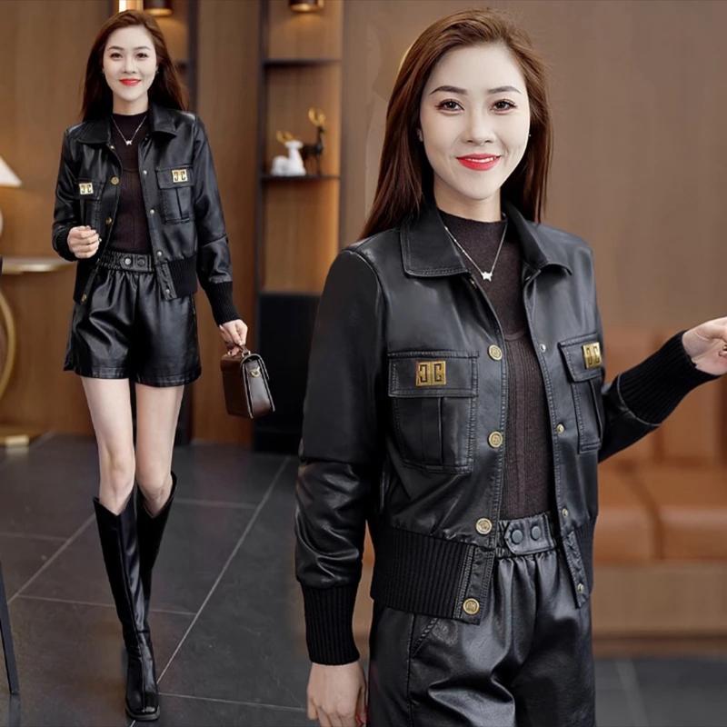 Áo khoác da nữ bo chun cao cấp màu đen nâu trắng kem