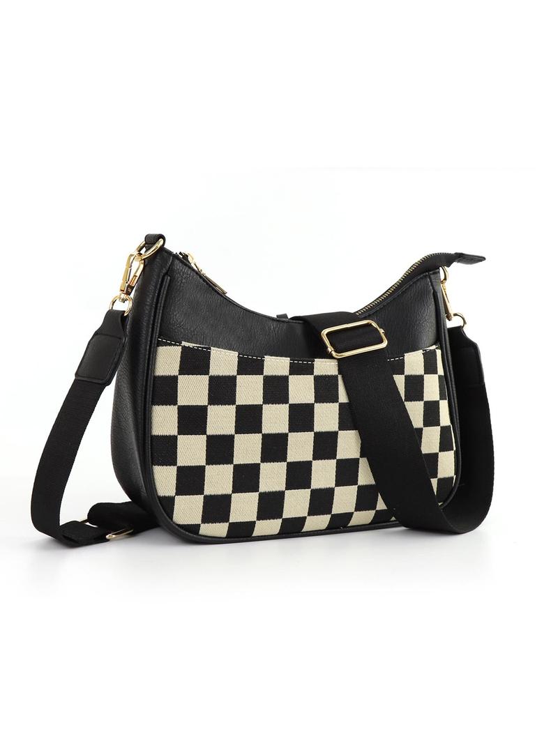 Product Introduction of Women's Checked Pattern Crossbody Bag, Fashionable PU Leather Hobo Bag with Adjustable Strap, Casual Versatile Shoulder Bag for Daily Used 0