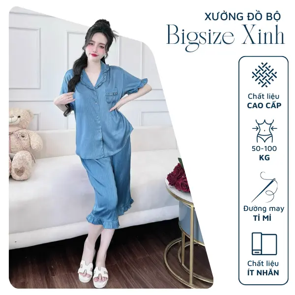 Đồ ngủ bigsize 50-100kg bộ lửng pijama lụa xước mặc nhà cho nữ Áo Áo Ngủ bo duigan