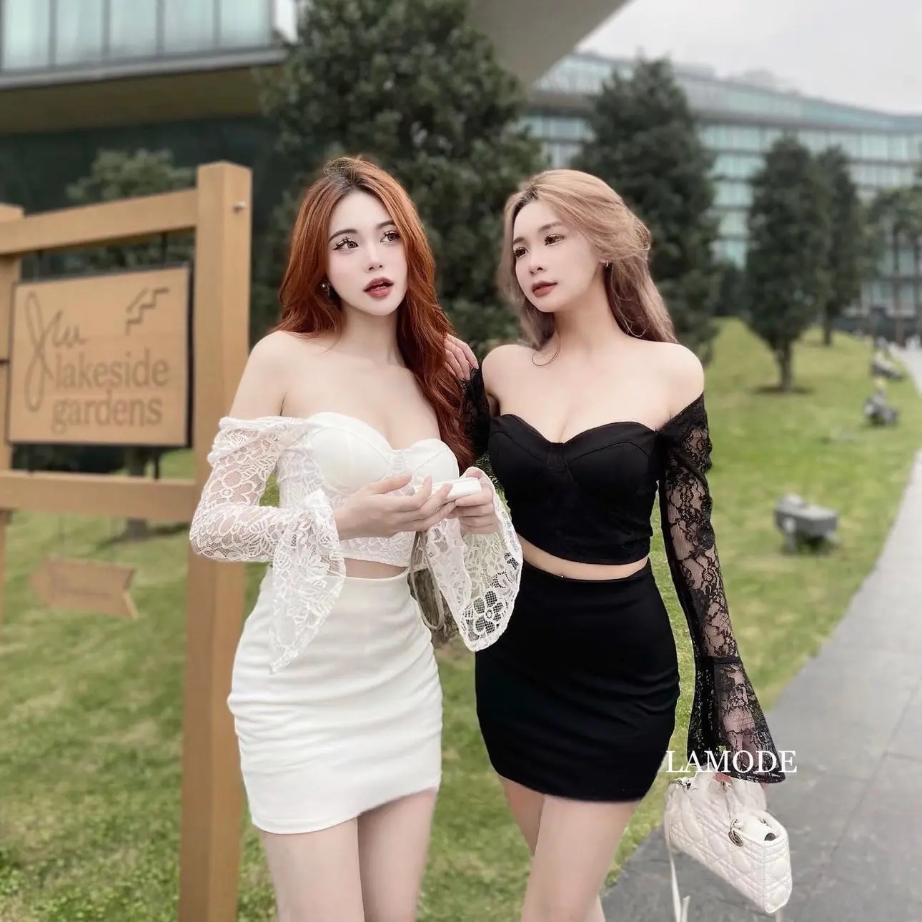Sét ren tay loe chân váy body umi co giãn (Nữ) Women Áo 1101 Kem Top Nữ Màu Đen