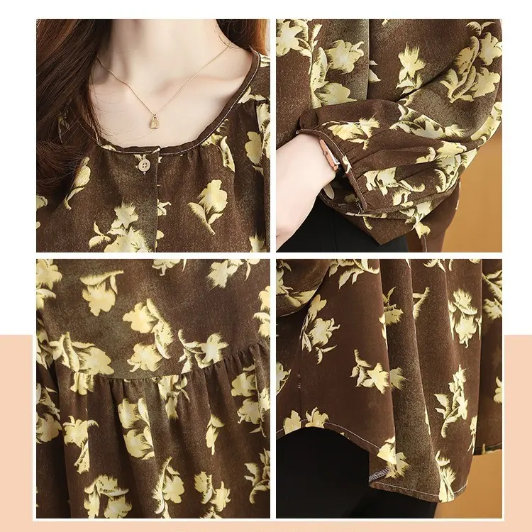 New Fashion High Quality Fabrics Loose 3/4 Sleeve Khaki Thailand Women Blouse Casual Travel Work Top Wanita Panjang Atasan 5