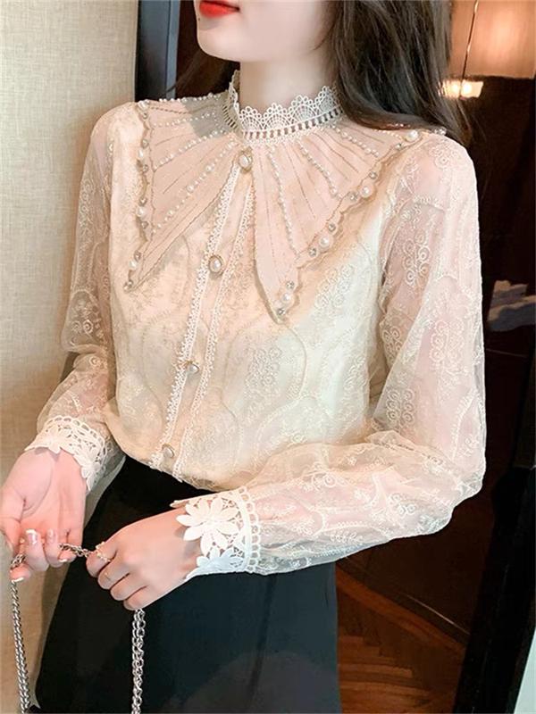 Áo sơ mi ren cổ đính đá đính ngọc 1