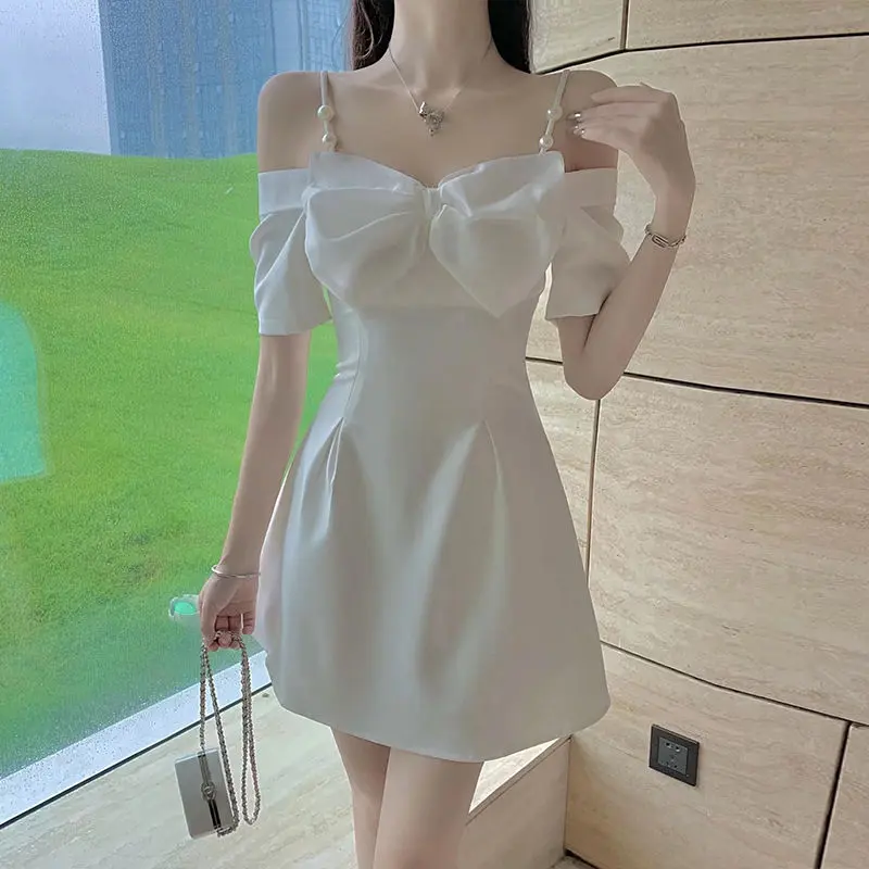 2023 Summer New Graceful Bow off-Shoulder Spaghetti Straps Dress High Sense Birthday Dress Fashion Women's Wear