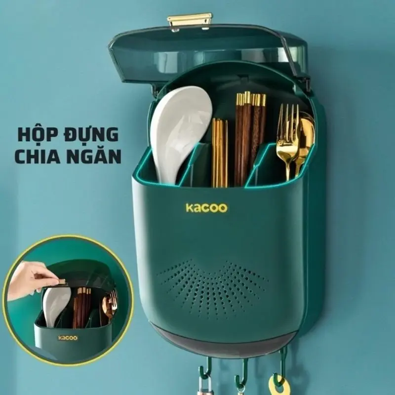 Hộp đựnġ Đũa Muỗng Treo Tường Có Khay Đỡ Nước - Ống đựnġ đũa gắn tường có nắp đậy - Bảo vệ thìa đũa muỗng khỏi bụi bẩn, côn trùnġ - kícḣ thước: 31x20x8 cm - Kitchen 2
