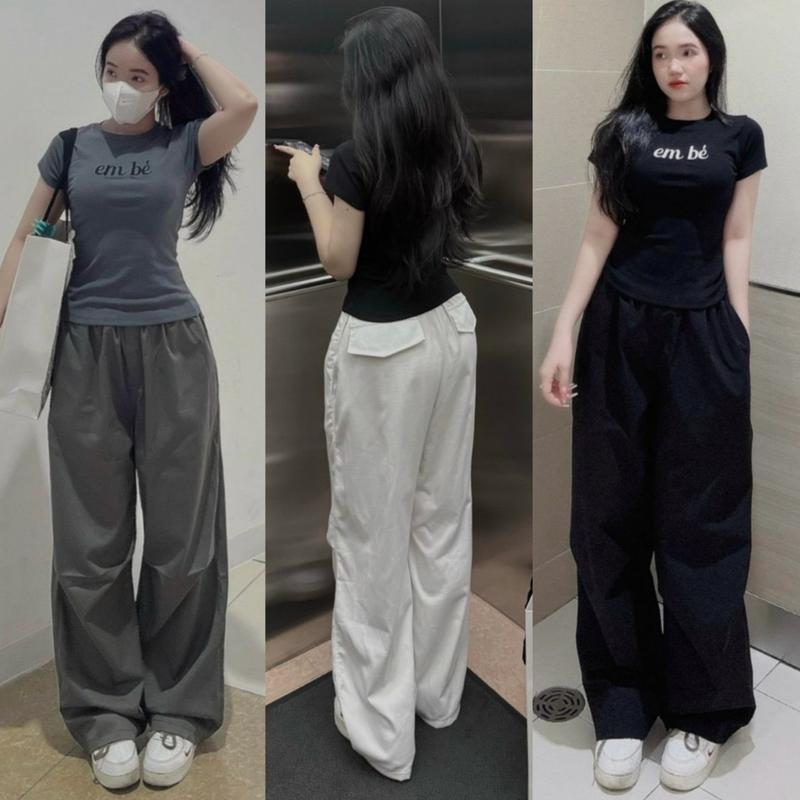 Quần ống rộng suông cạp chun thun lưng cao có túi màu Đen trắng ghi dáng dài chất dù Quần tây ống xuông nữ Đi học dáng dài Ong Women Pants ongsuong