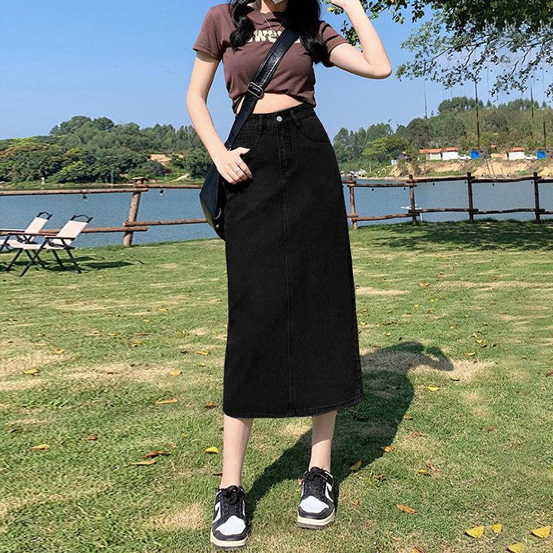 A-Line High Waist Slit Denim Skirt for Women Summer 2025 New Mid-Length Slim Fit Pencil Skirt Black Gray 8
