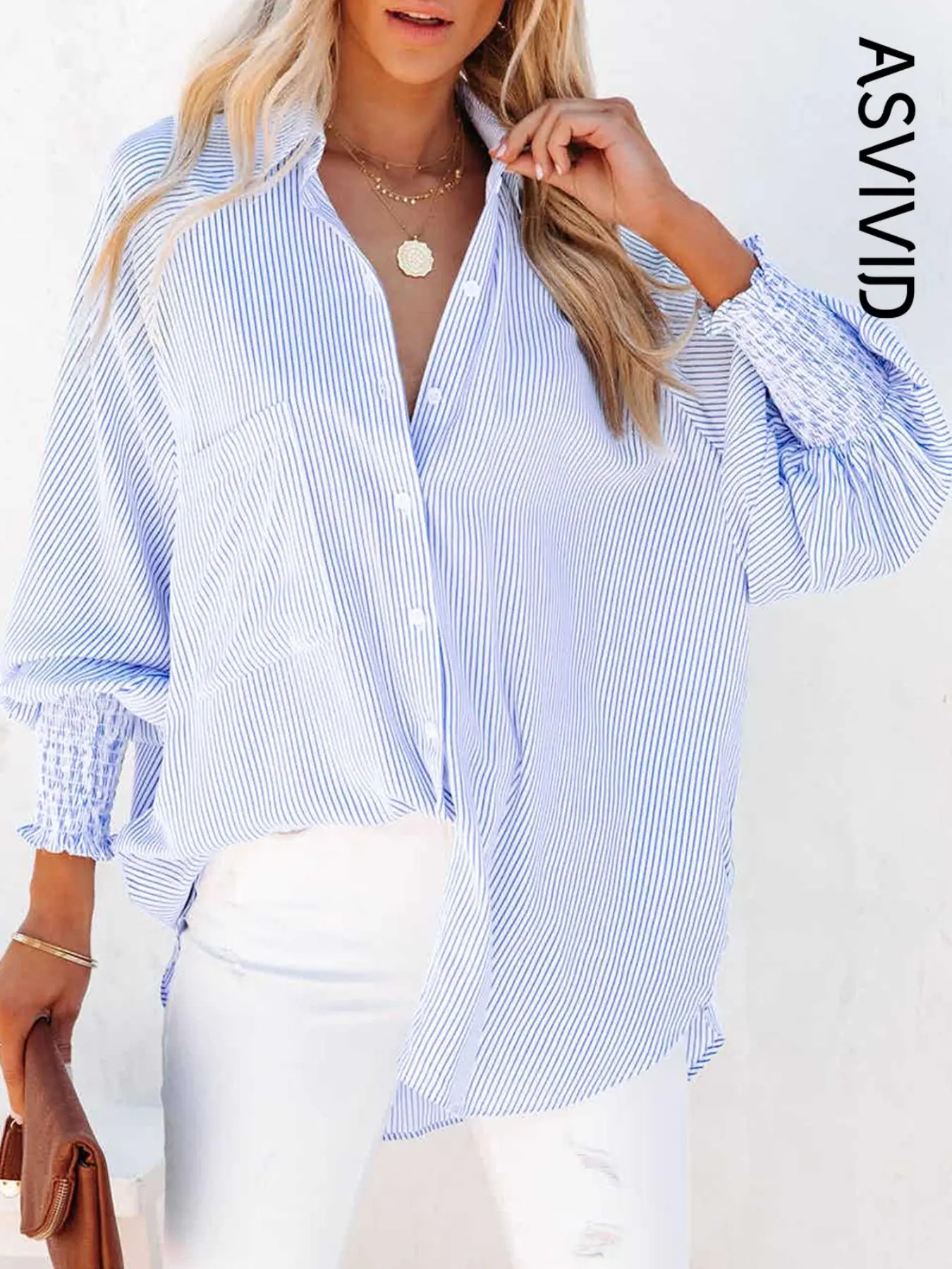 Women's Striped Print Pocket Design Shirt, Holiday Outfits, Fall Clothing Women, Clothes for Women, Going Out Tops, Shirts for Women, Casual Shirred High Low Top, Ladies Clothes, Clothes for Women, Classy Tops, Blouse, Womenswear