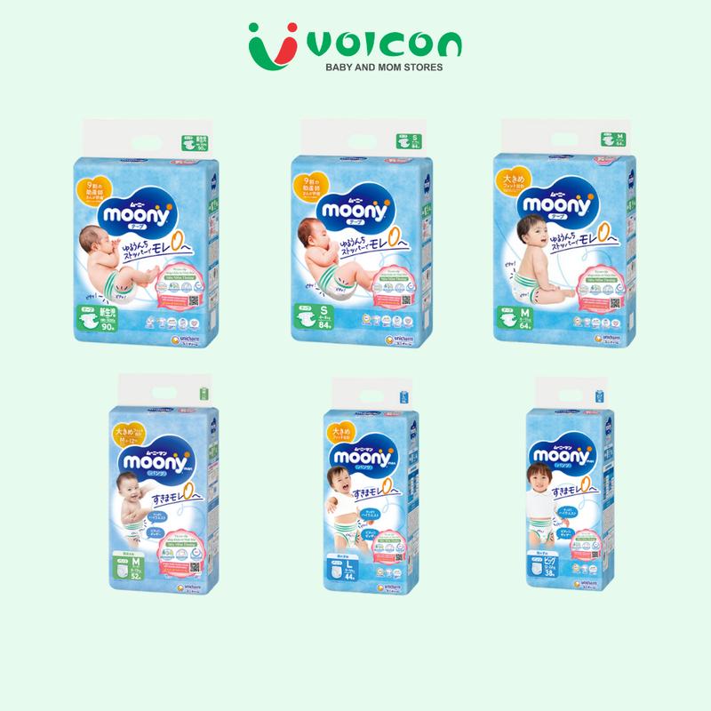 Tã bỉm dán/quần Moony xanh cho bé size NB90/S84/M64/L54/M58/L44/XL38/XXL26/XXXL14 thoáng mát cả ngày