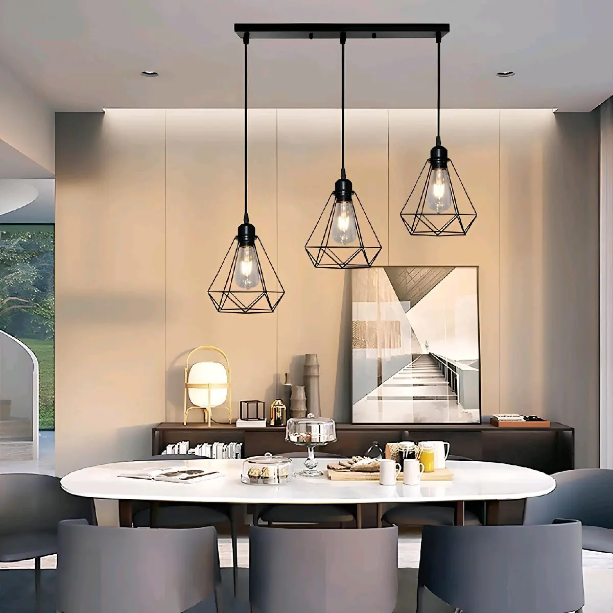 Lampu Gantung Minimalis Ruang Makan Lampu Hias Diamond Modern  cafe  besi  hitam  Bohlam Bulat Putih