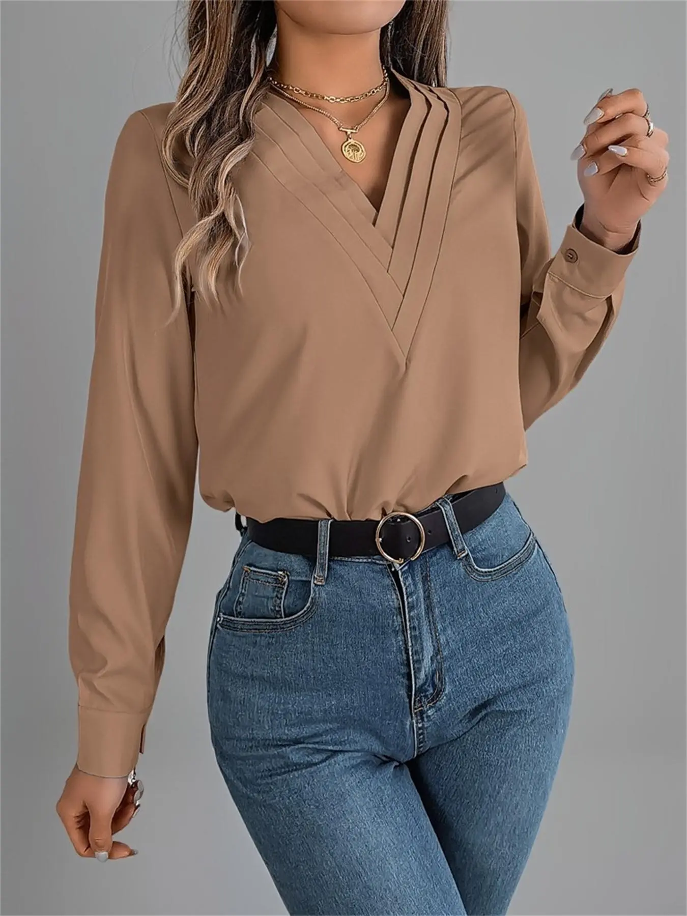 Women's Plain V Neck Blouse, Elegant Bishop Sleeve Top for Spring & Fall, Women's Clothing for Daily Wear