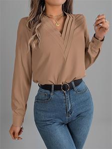 Blusa de cuello en V lisa para mujer, Top elegante de manga obispo para primavera y otoño, Ropa de mujer para uso diario