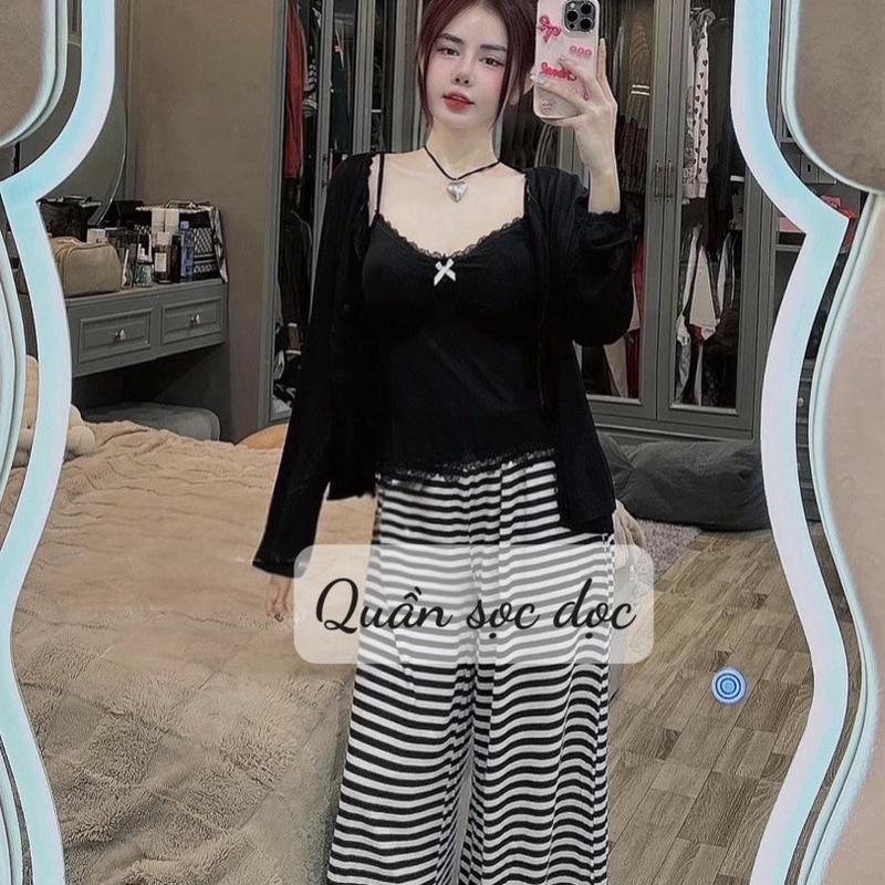 Sét bộ ngủ áo thun hai dây kem cotton có mút & choàng lụa latin kèm quần, size freesize 40-60kg cho nữ Women Nữ Kem Nhung ren áo choàng hồng cam Chỉ giặt tay princess robes