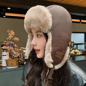 高品質レザー 冬用防水保暖帽 アウトドアバイクライディング用 スキー対応 フライトキャップ 耳あて付き 男女兼用 カップルキャップ 贈り物