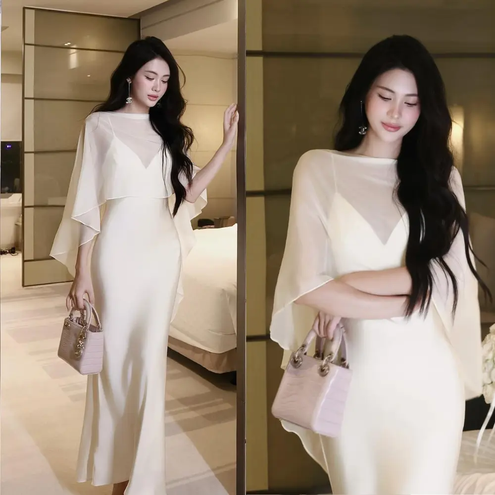 [Bigsize nista] Đầm Lụa Bigsize Đuôi Cá Kèm Áo Tơ Choàng Sang Trọng Quyến Rũ Có Mút Cho Nàng Từ 55-90Kg Women Dress Nữ Kem Váy Dự Tiệc Voan Voi