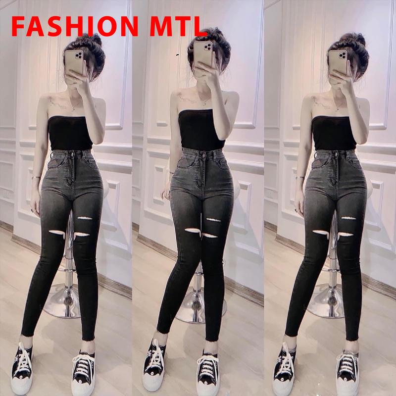 Quần  Jean loang khói rách ôm sát người, cạp cao, hàng co giãn 4 chiều siêu hách dáng Women  pants nữ quan ong 2