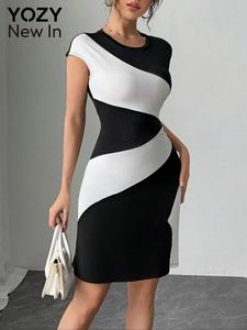 YOZY Women's Colorblock Print Short Sleeve Dress, Casual Round Neck Dress for Summer, Women's Clothing for Daily Wear