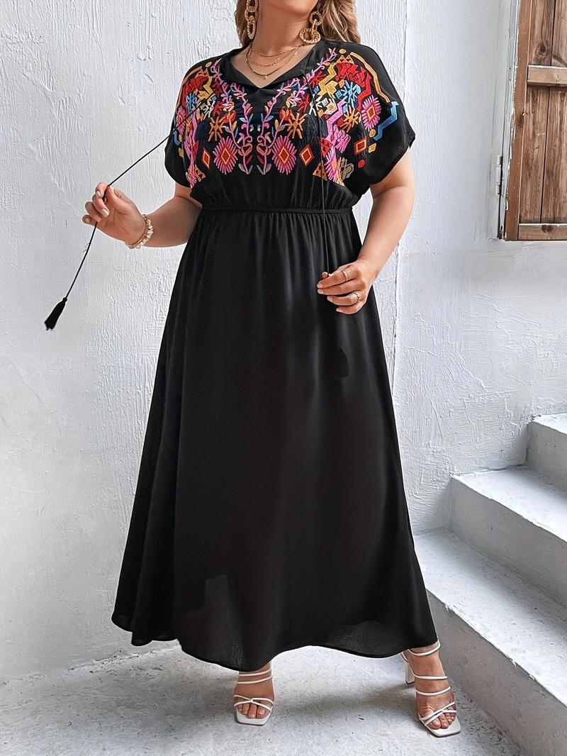 Product Introduction of Plus Size Ethnic Pattern Embroidery Fringe Dress, Plus Boho Tie Neck Long Dress for Summer Beach Vacation, Women's Plus Clothes for Daily Wear, Dresses Summer, Summer Dresses 2025 5