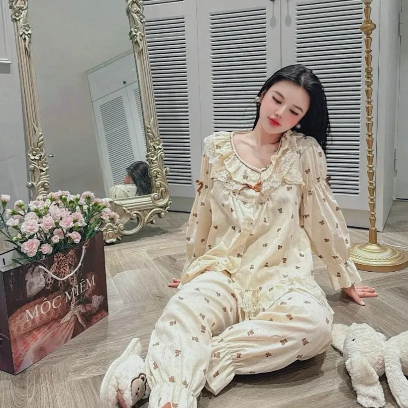 Bộ Pijama gấu hoạ tiết chấm bi xinh xắn áo dài quần dài  Bộ ngủ Hương Thảo