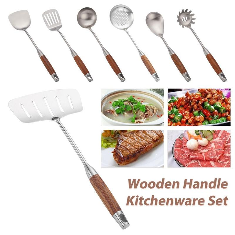 Cookware 304 Staniless Steel Kitchen Utensils Long Wooden Handle Spatula Spoon Cooking Equpment Frying Shovel Thickened Cooking Tool Sets 1
