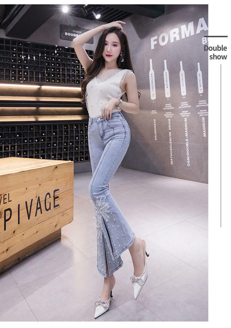 Product Introduction of Quần Jean Nữ, Phong Cách Người Ảnh Hưởng TikTok, Với Đính Cườm Nặng Và Ren, Cạp Cao, Mỏng Vừa Vặn, Dễ Phối Đồ, Quần Ống Loe, Hợp Xu hướng 20