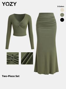 YOZY Women's Solid Color Ribbed Fake Buttons Ruched Top & Skirt Two-piece Set, Casual Fashion Cozy Long Sleeve V Neck Top & Skirt for Daily Outdoor Wear, Ladies Clothes for All Seasons