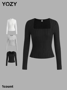 YOZY Women's Solid Mock Neck Ribbed Tee, Casual Long Sleeve T-shirt for Fall & Winter, Women's Clothing for Daily Wear