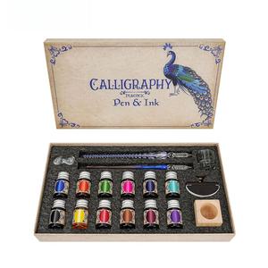 Vintage Peacock Design Glass Pen & Ink Set, 1 Set Exquisite Creative Gift Box, Calligraphy Pen & Ink Set for Writing, Drawing, Journaling