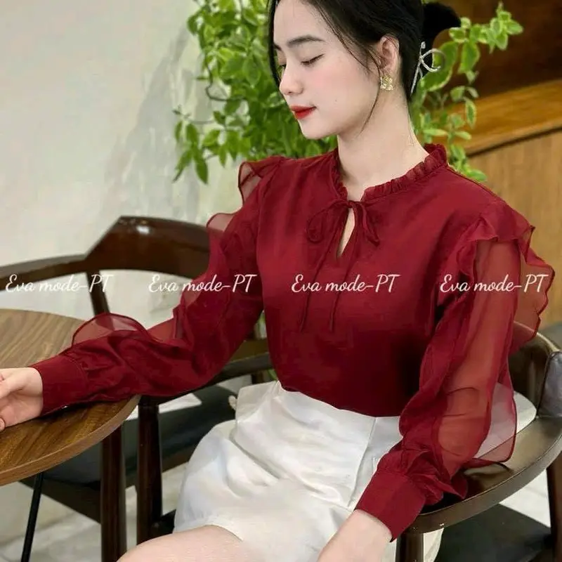 Áo sơmi cổ trụ phối bèo Hàn Quốc nhẹ nhàng, sang chảnh - Size S, M, L, XL (40-63kg) - Nữ Top Women 0