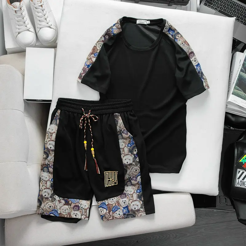 Bộ quần áo nam nữ AMYCHY ngắn tay waffle phối vải gấm dệt gấu nhỏ menswear, thời trang phong cách, co giãn 4 chiều thoáng mát 1